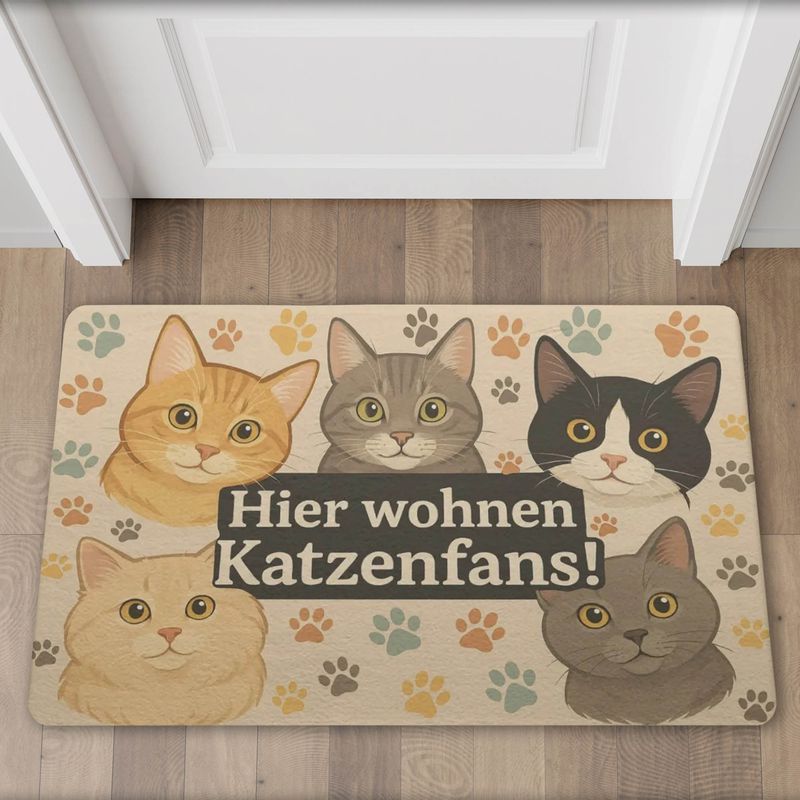 Beige doormat &quot;Cat fans live here!&quot; Cat