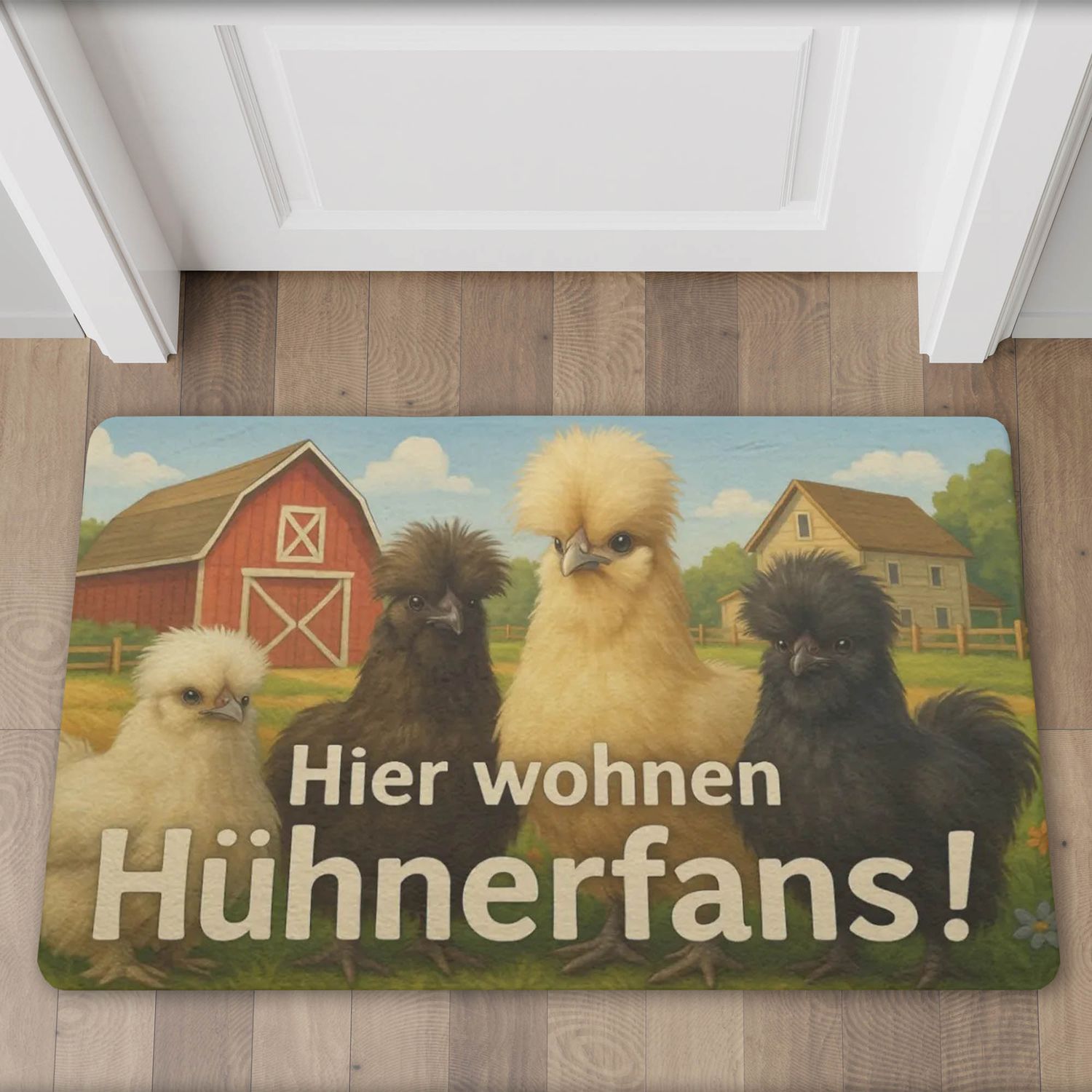 Fußmatte „Hier wohnen Hühnerfans“ Seidenhuhn