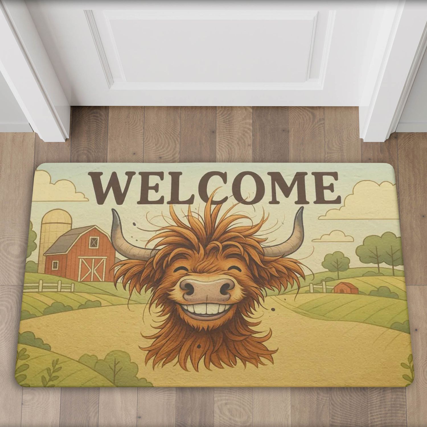Welcome doormat with a grinning Highland cow