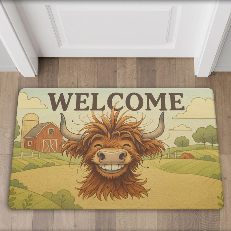 Welcome doormat with a grinning Highland cow