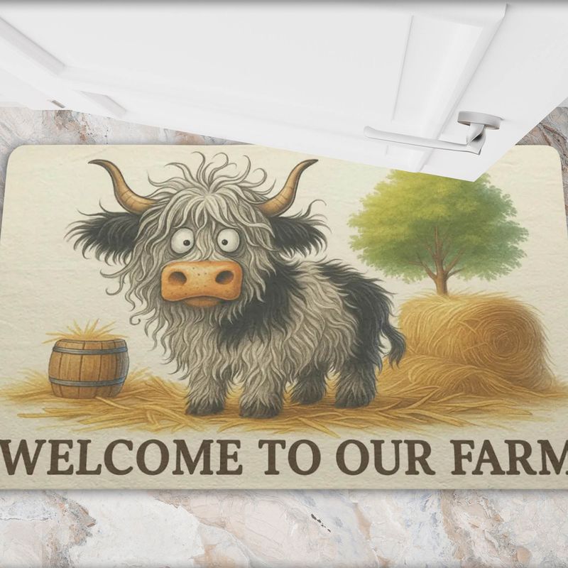 Doormat &quot;Welcome to Our Farm&quot; Highland Cow