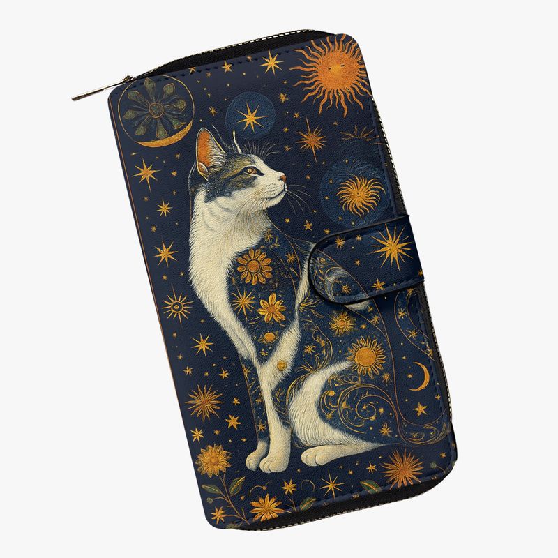 Large Galaxy Cat Wallet - Starry Sky and Cat Motif