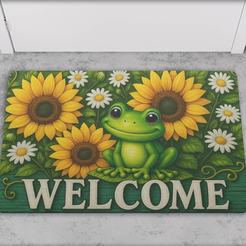 Doormat &quot;Welcome&quot; frog and sunflowers