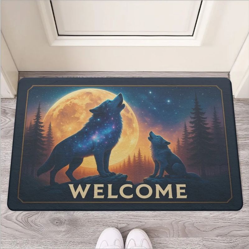 Doormat &quot;Welcome&quot; Wolf and Full Moon