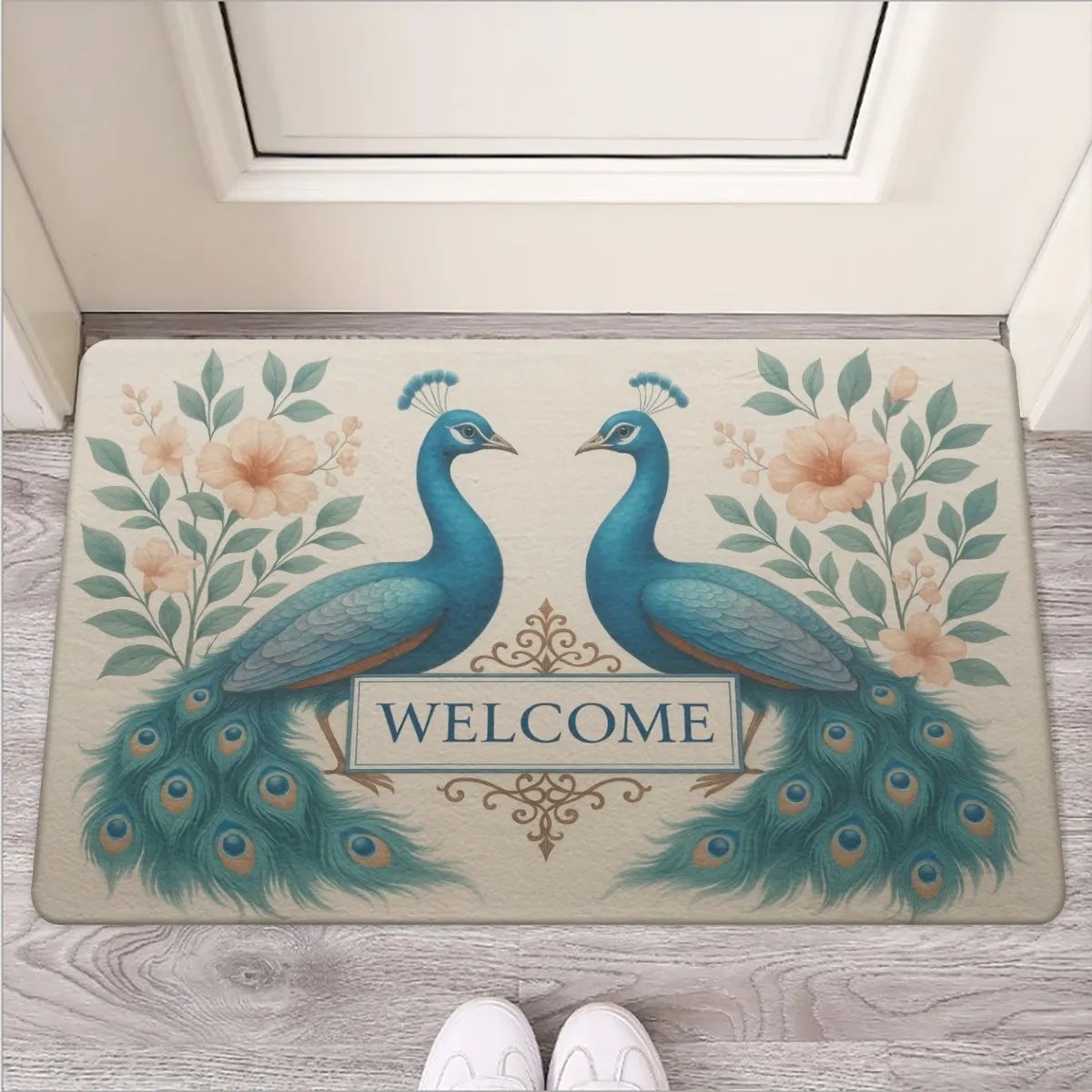 Welcome doormat with exotic peacocks