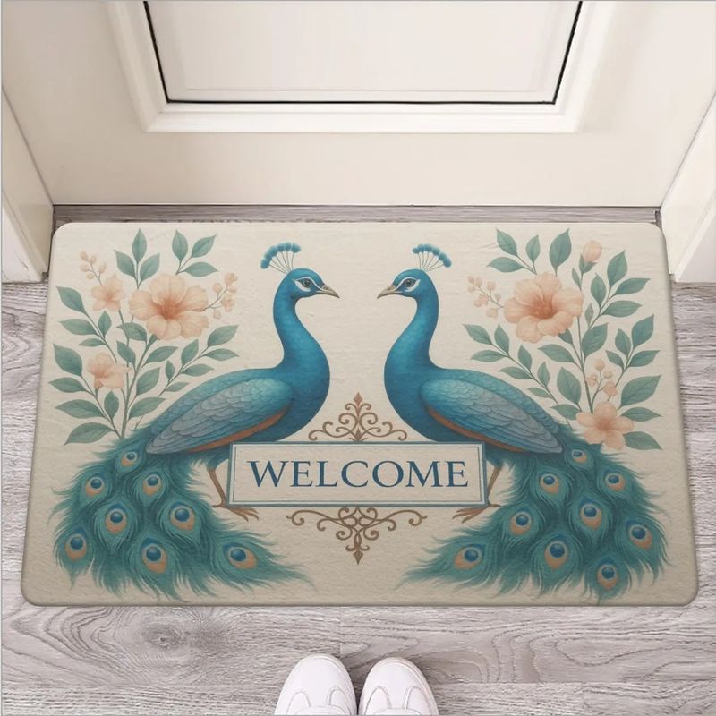 Welcome doormat with exotic peacocks
