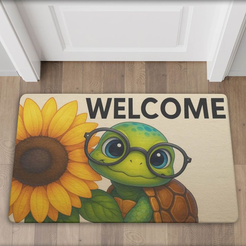 Welcome doormat with turtle and sunflower