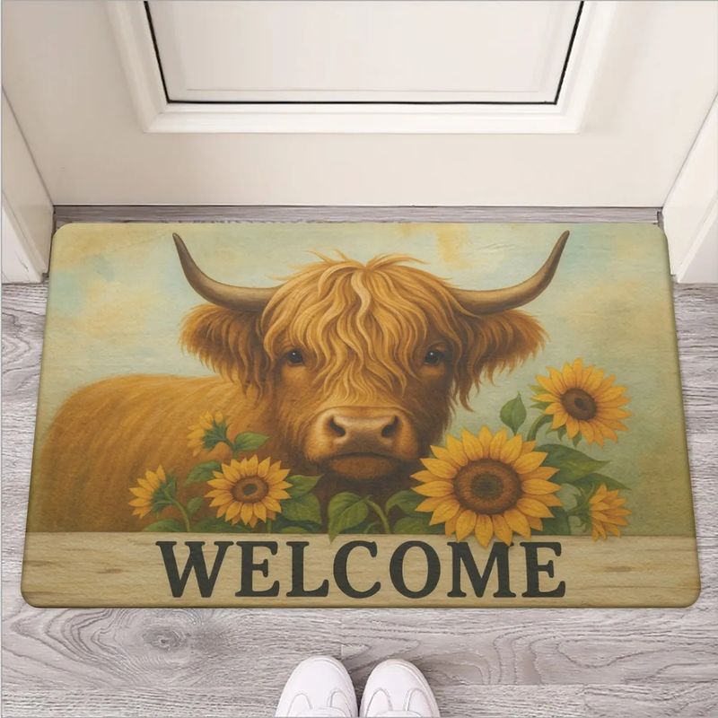 Country-style doormat &quot;Welcome&quot; Highland cow