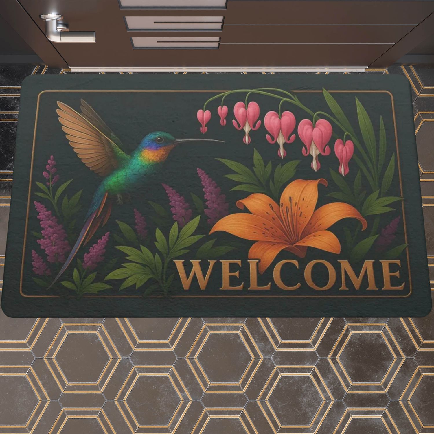 Doormat &quot;Welcome&quot; hummingbird and flower motif