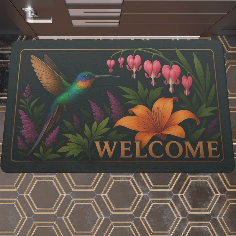 Doormat &quot;Welcome&quot; hummingbird and flower motif