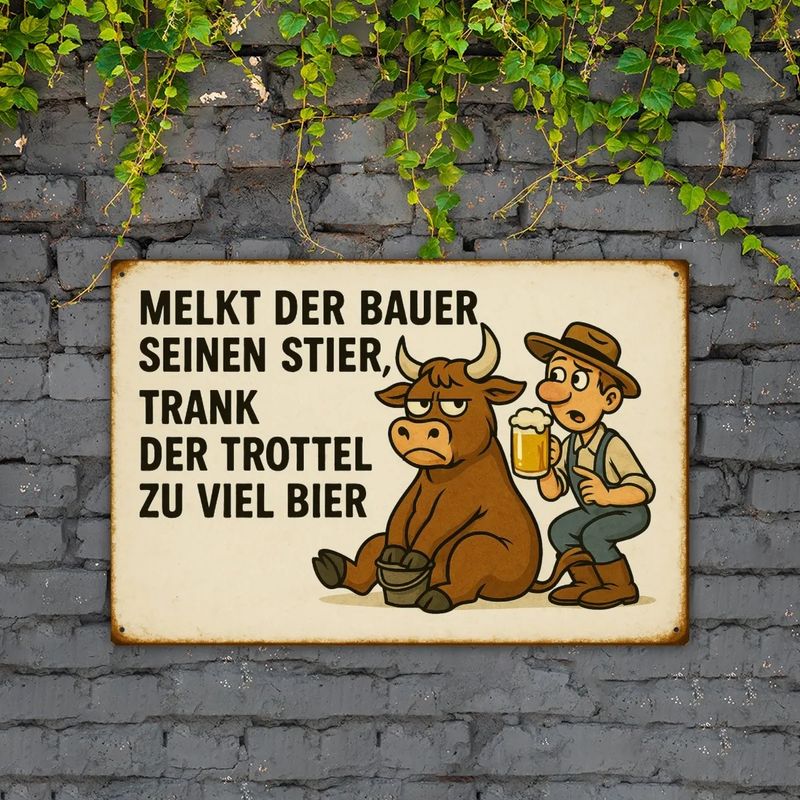 Tin sign “If the farmer milks his bull, the idiot drank too much beer”