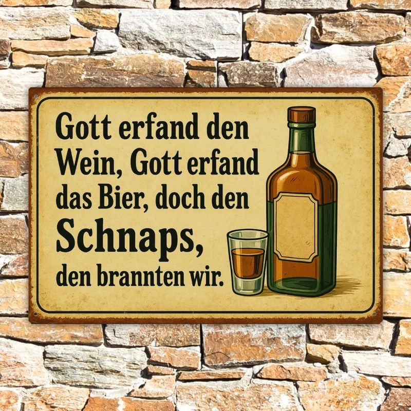 Metal sign &quot;God invented wine, God invented beer, but we distilled the liquor&quot;
