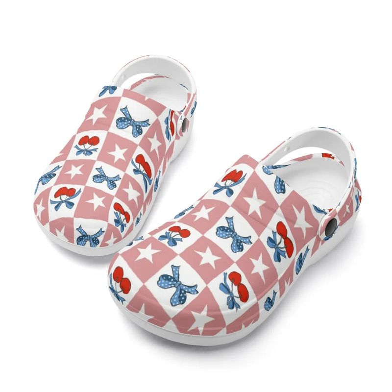 Closed clogs - cherries and bows - pink checked