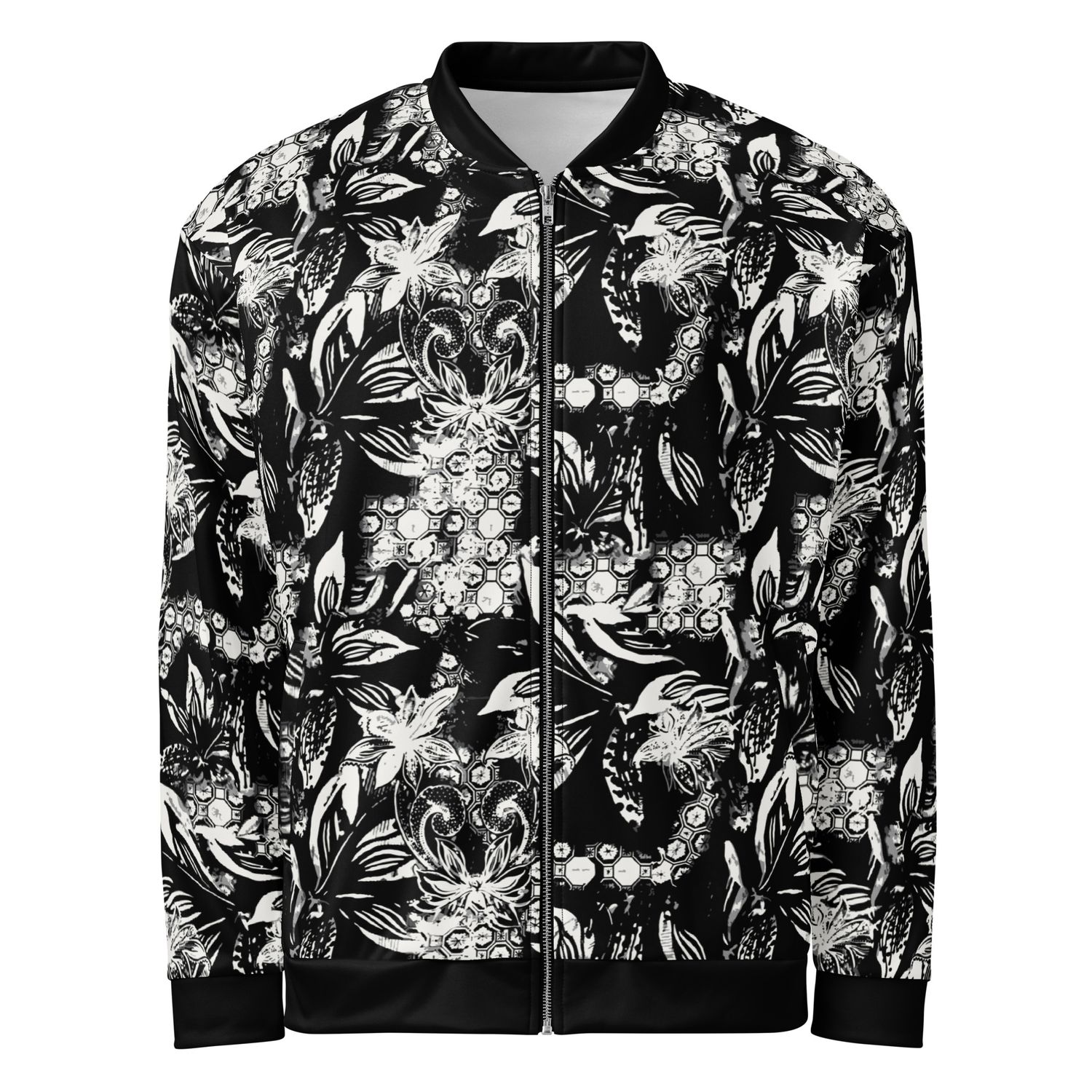Lightweight monochrome bomber jacket with floral pattern
