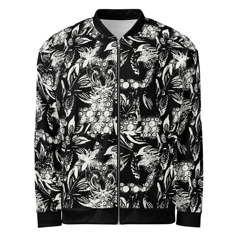Lightweight monochrome bomber jacket with floral pattern