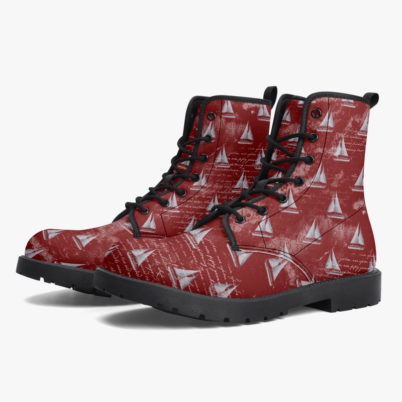 Maritime leather boots with sailboat print