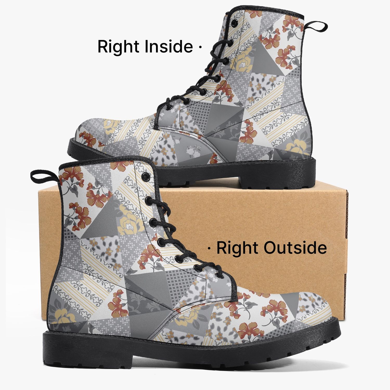 Patchwork-style leather boots with floral patterns