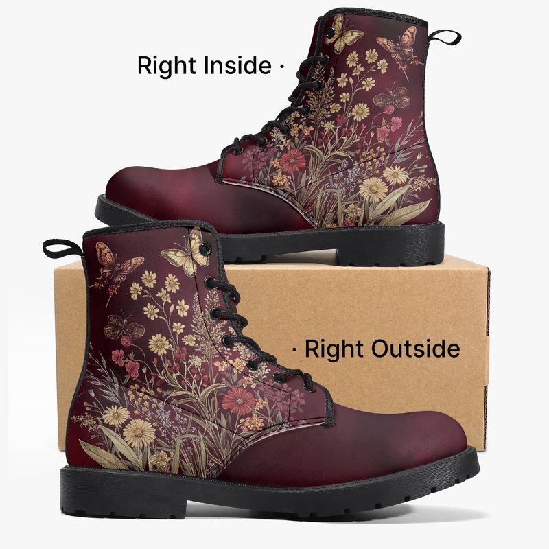 Bordeaux leather boots “Botanical Dream” with flowers and butterflies