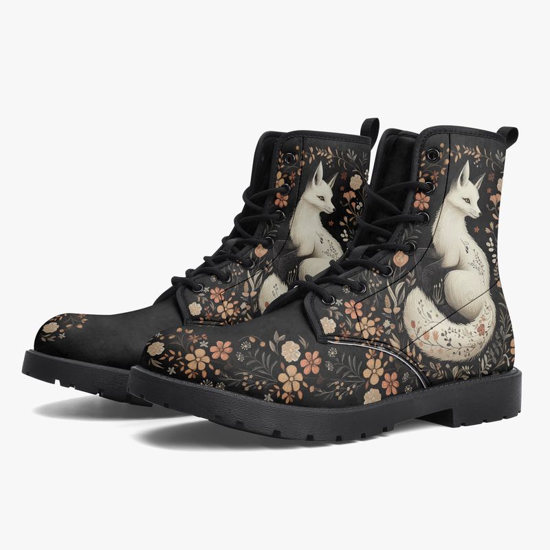 Leather boots “Mystic Fox” with fox &amp; flowers