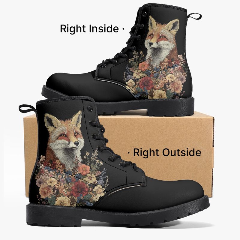 Black leather boots “Floral Fox” with fox &amp; flower motif