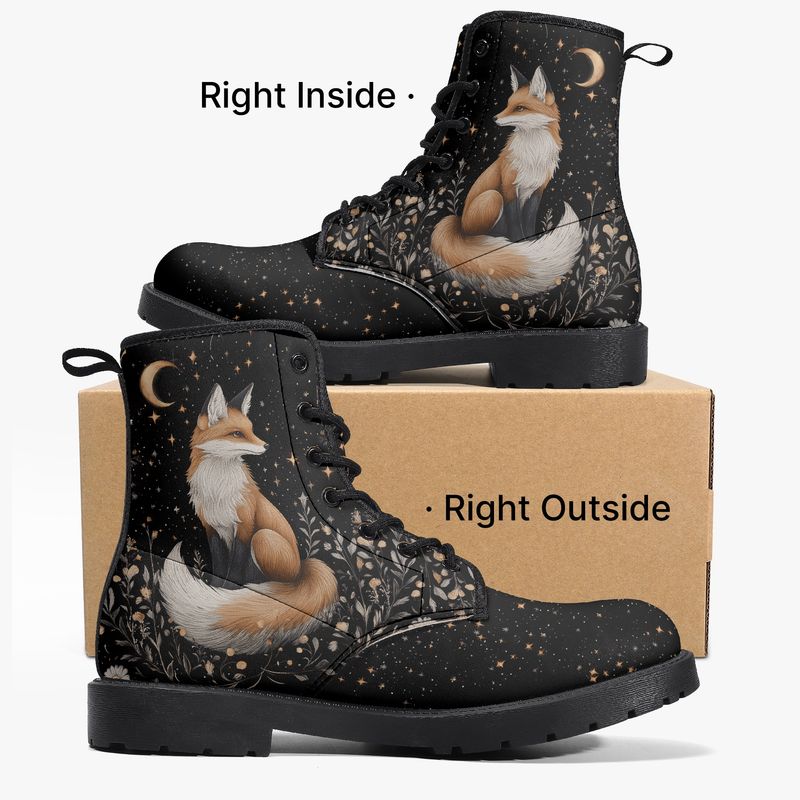 Black leather boots “Moonfox” with fox &amp; starry sky