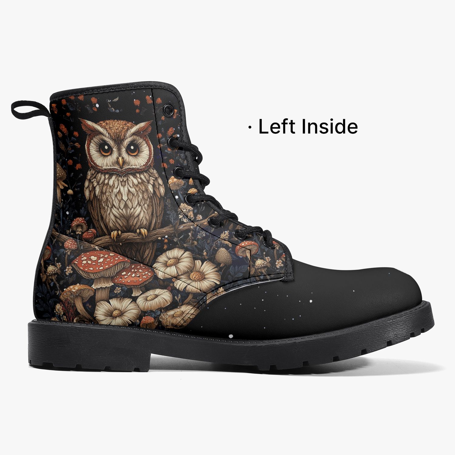 Black leather boots “Forest Owl” with owl and mushrooms