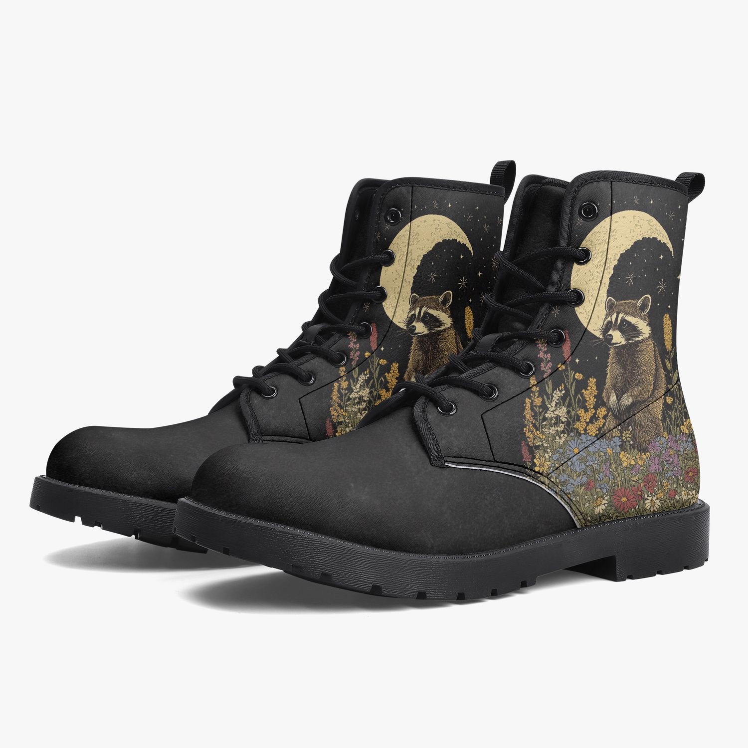 Black leather boots “Moon Raccoon” with raccoon, flowers &amp; crescent moon
