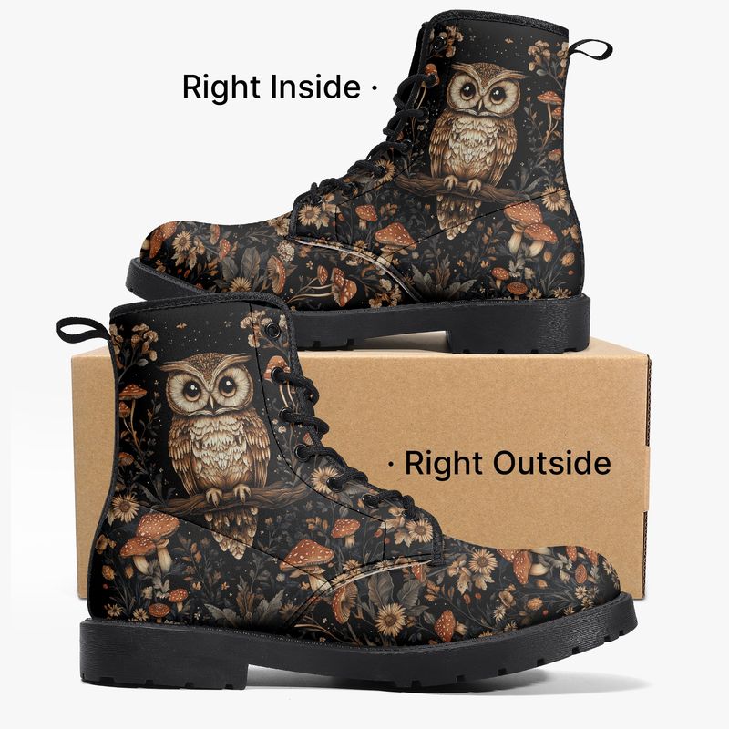 Black leather boots “Autumn Owl” with owl and mushrooms
