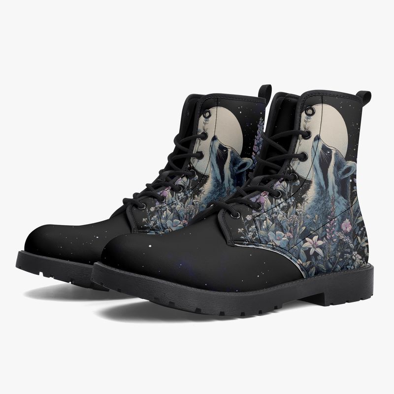 Leather boots “Lunar Raccoon” with raccoon &amp; flowers in the moonlight