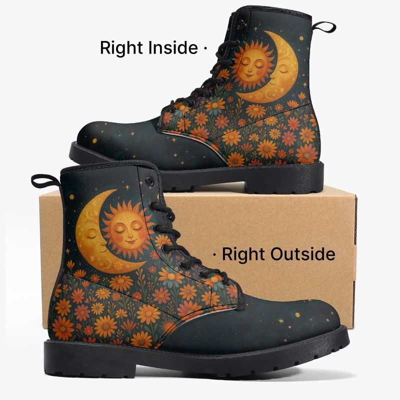 Dark blue leather boots “Celestial Bloom” with sun, moon &amp; flowers
