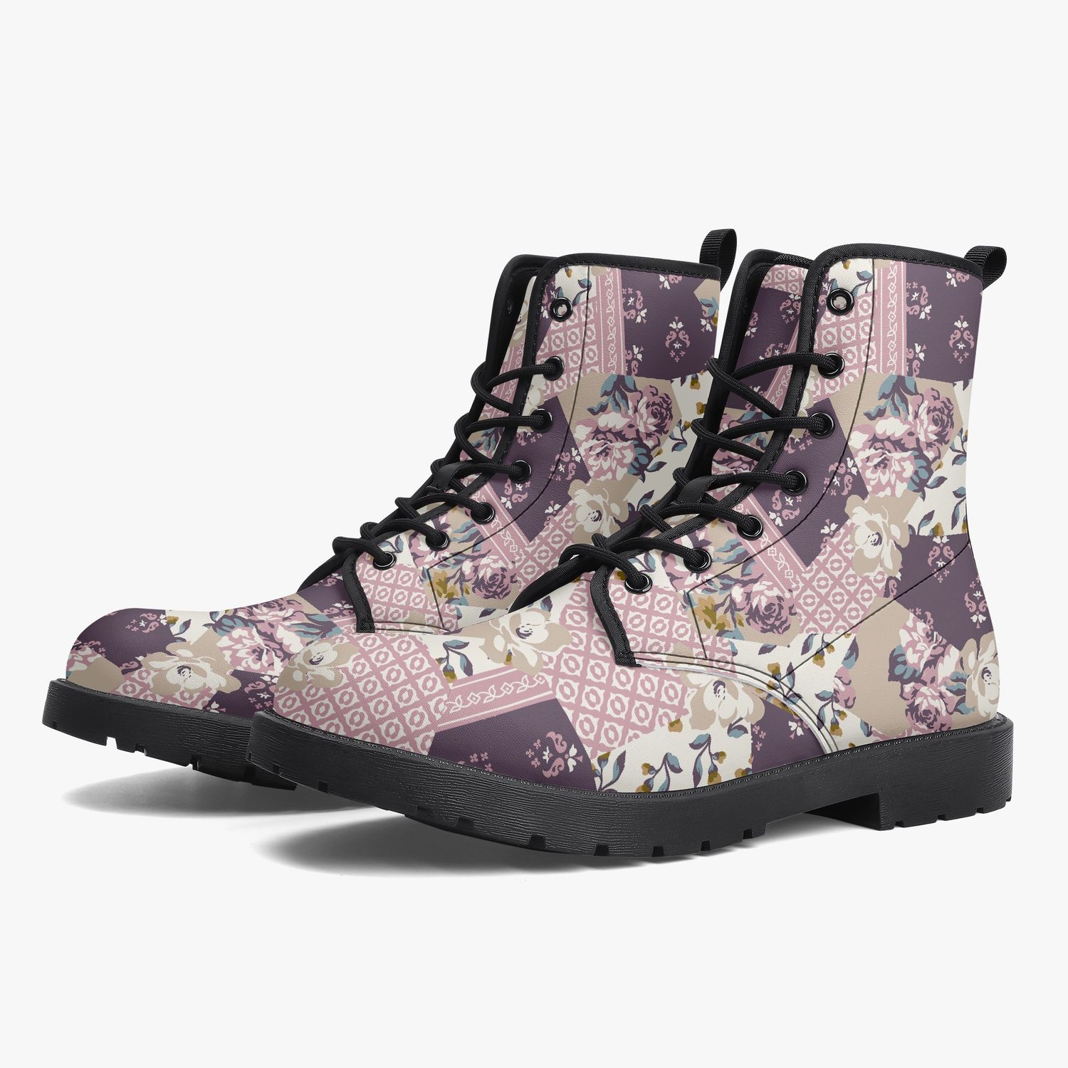 Leather boots “Vintage Violet” with floral patchwork pattern