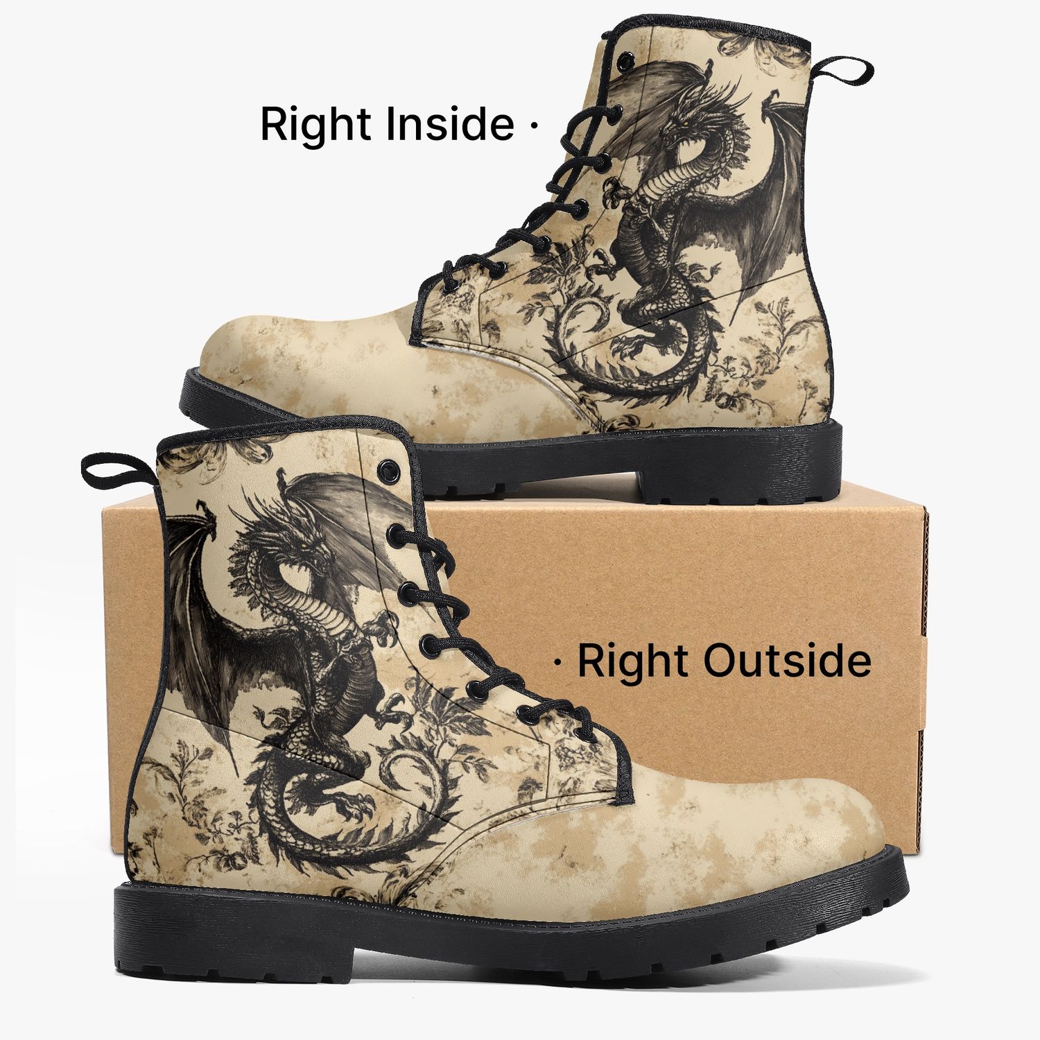 Beige leather boots “Ancient Dragon” with dragon print