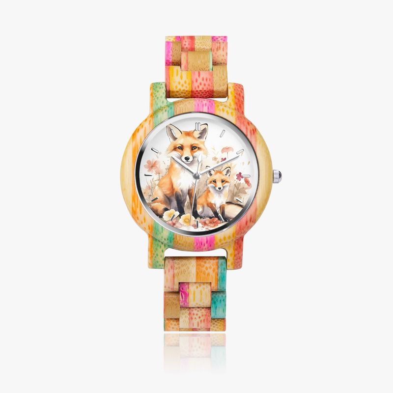 Fox Family Round Camouflage Wooden Watch