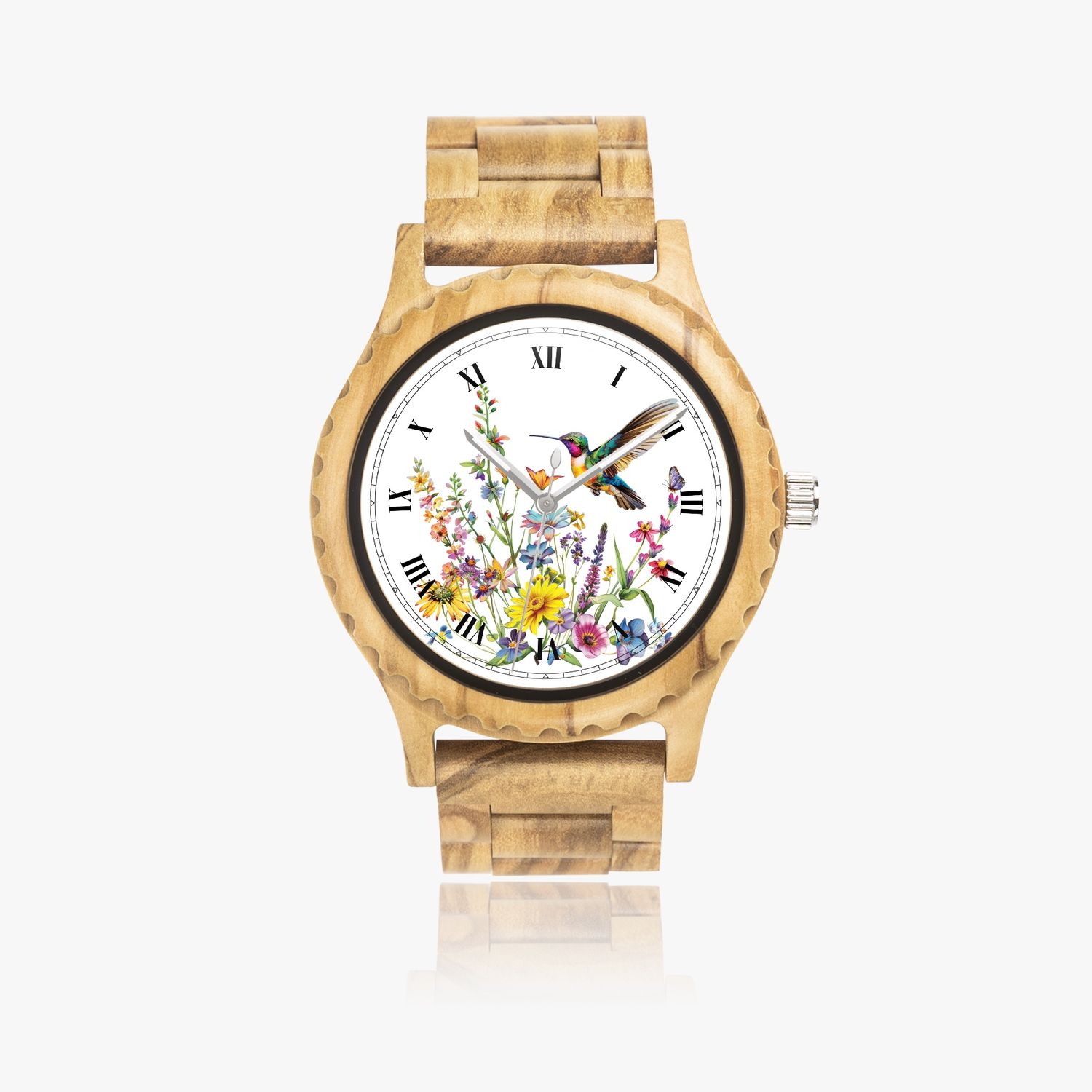 Italian olive wood clock “Hummingbird Garden”