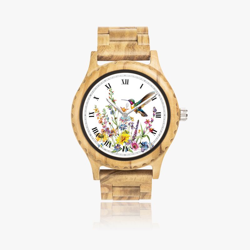 Italian olive wood clock “Hummingbird Garden”