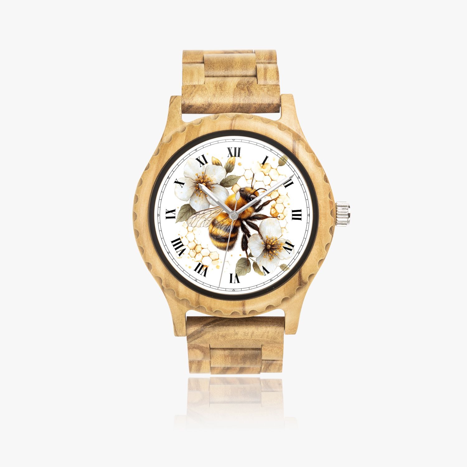 Italian olive wood clock “Bee Blossom”
