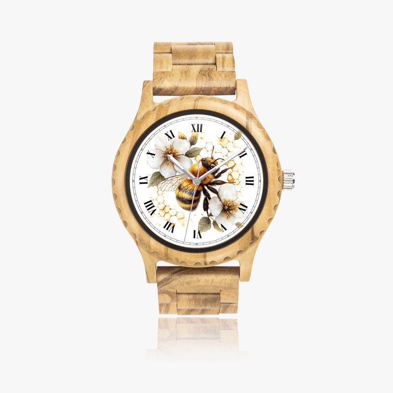 Italian olive wood clock “Bee Blossom”