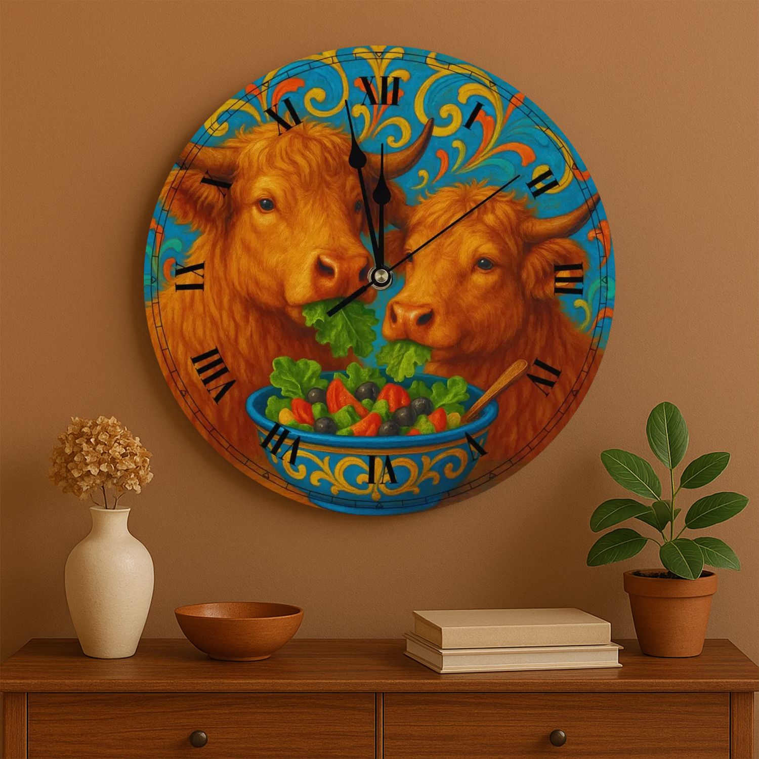 Wooden wall clock - &quot;Salad time for the cattle&quot;