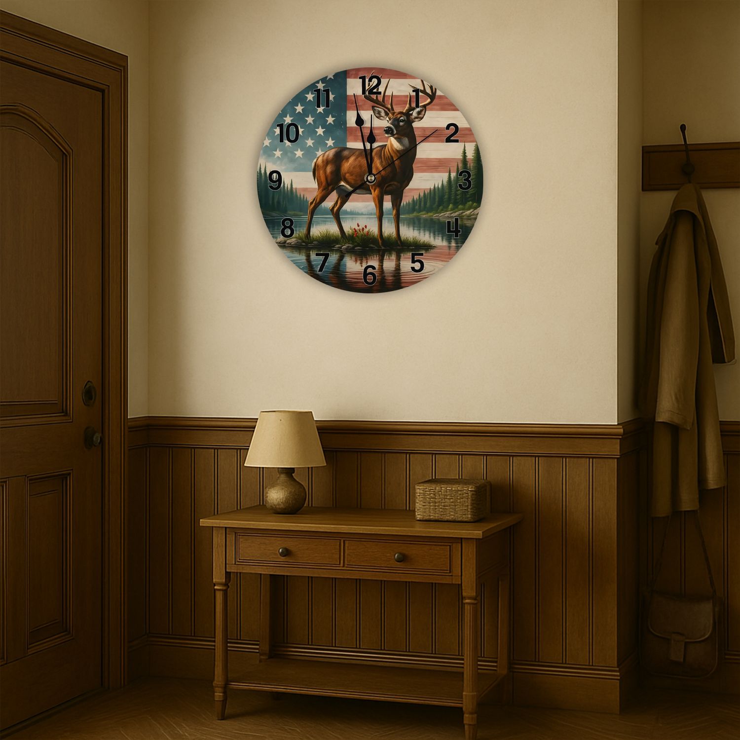 Wooden wall clock with deer &amp; US flag