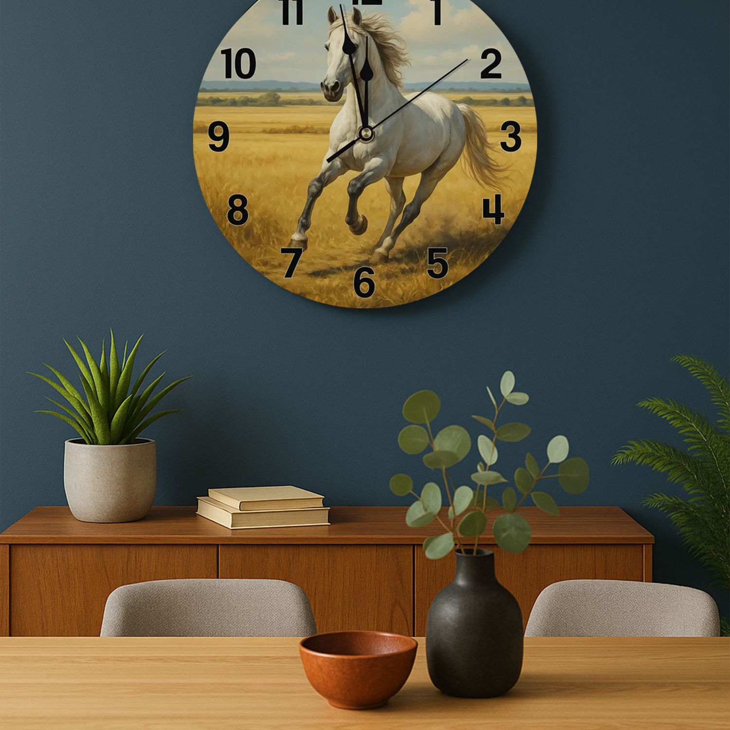 Wooden wall clock with white horse
