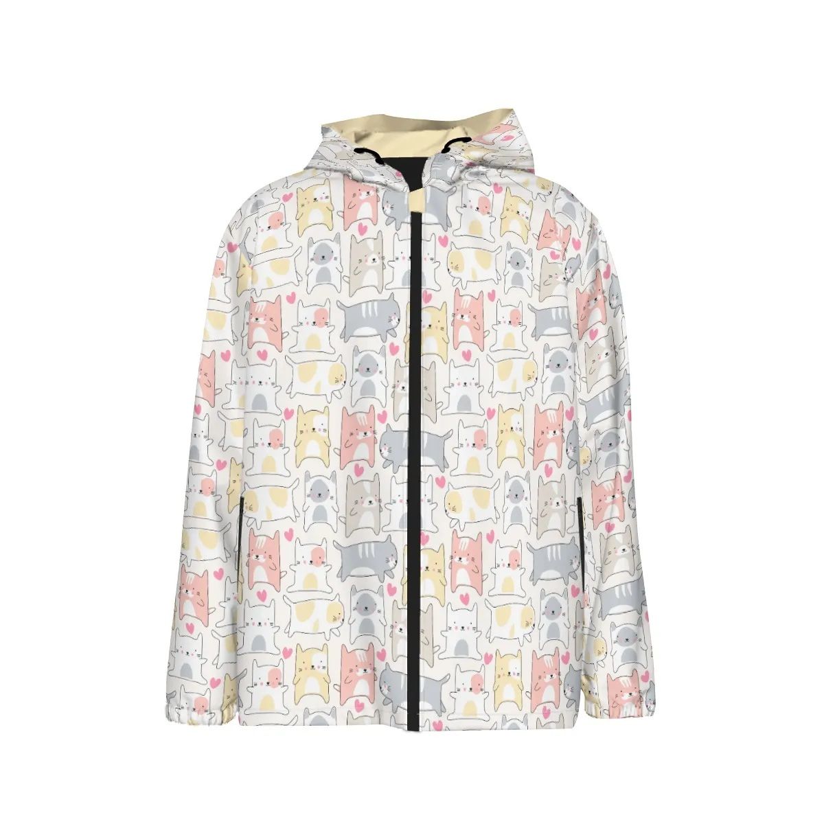Lightweight windproof children&#39;s jacket with cat pattern and hearts