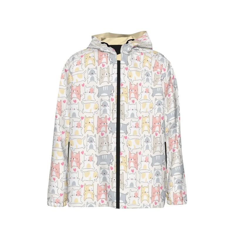Lightweight windproof children&#39;s jacket with cat pattern and hearts