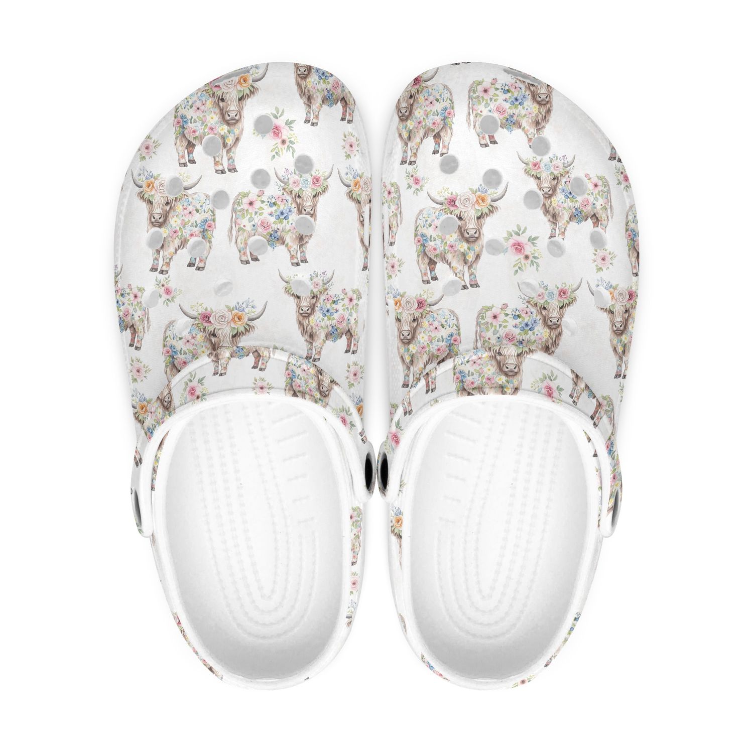 White Floral Clogs - Highland Cow