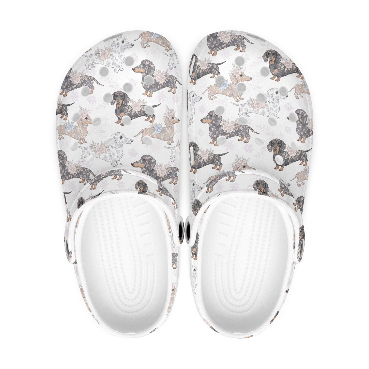 White Clogs - Floral Dachshunds
