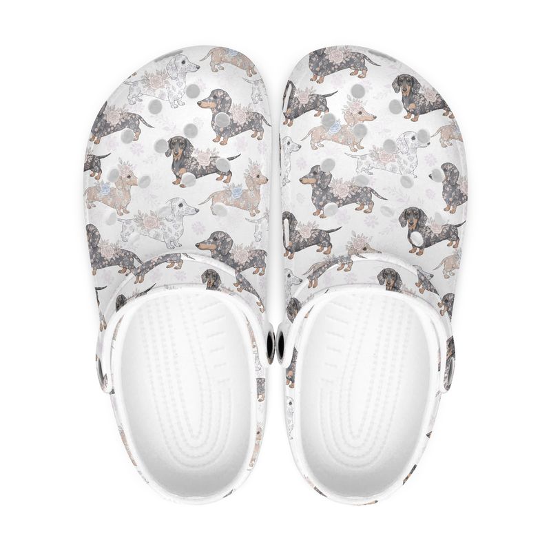 White Clogs - Floral Dachshunds