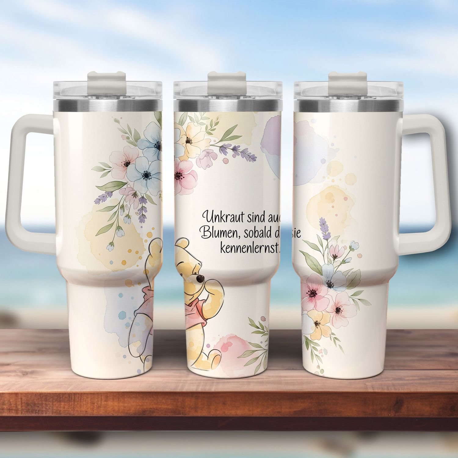 Tumbler with handle - ToGo - Winnie the Pooh motif with floral watercolor details