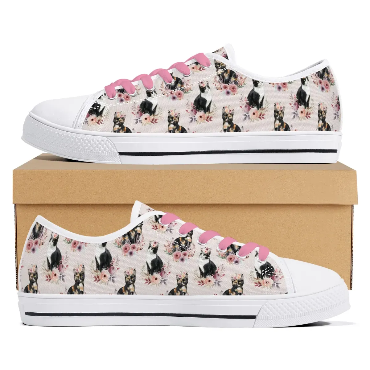 Canvas shoes - cat design with floral details
