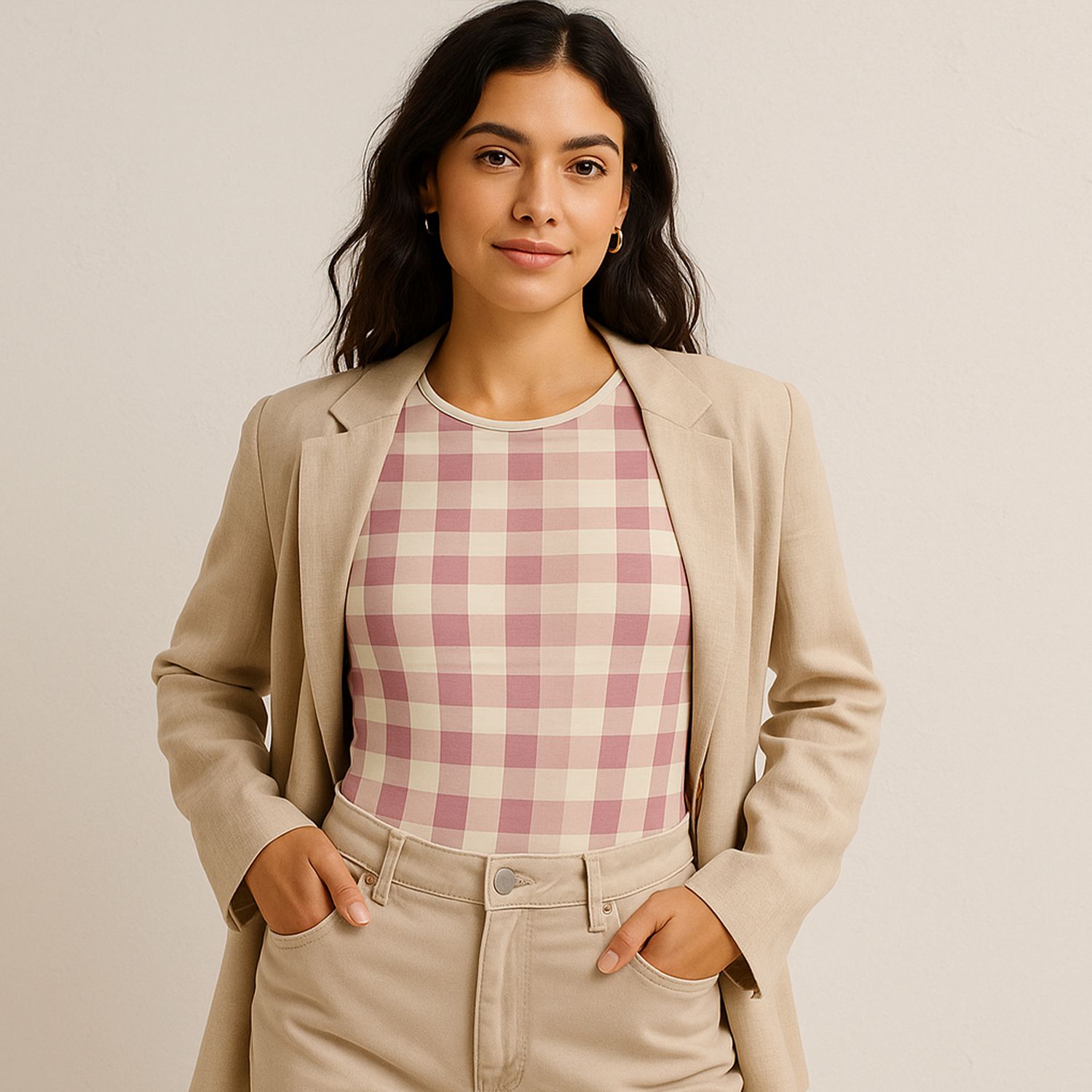 Check Pattern Cream Bodysuit Muted Elegance