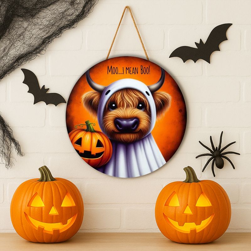 Wooden door hanger &quot;Moo...I Mean Boo&quot; Highland cow