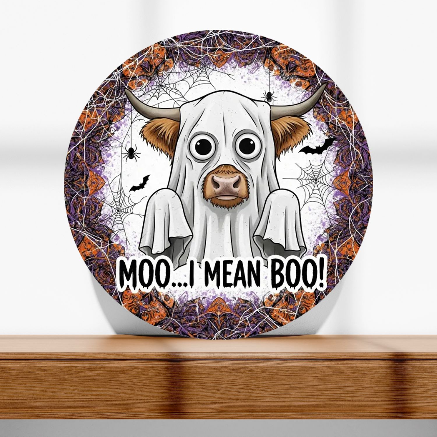 Wooden door hanger &quot;Moo...I Mean Boo&quot; Highland Cow ghost costume